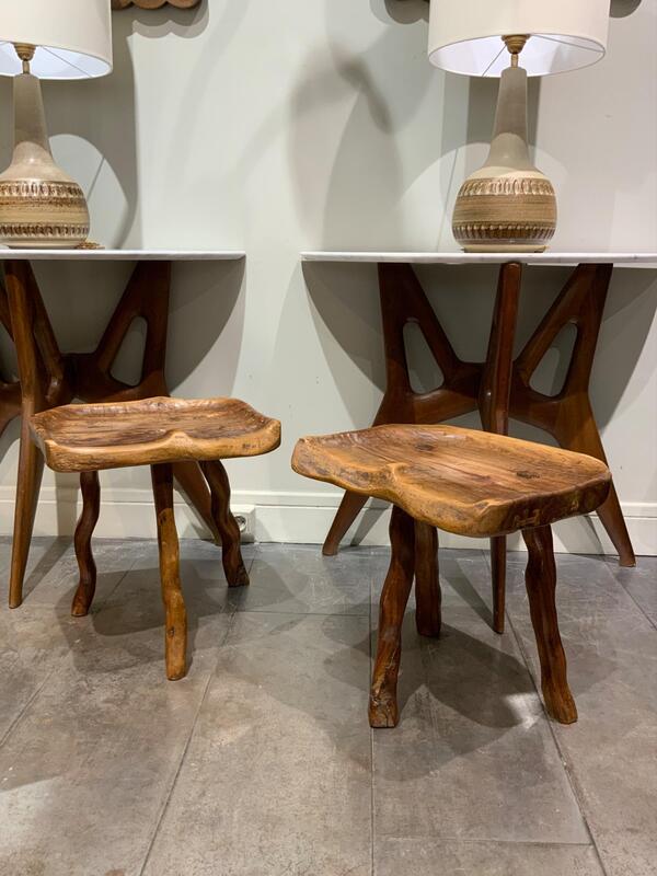 Pair of hand carved stools olive wood circa 1970