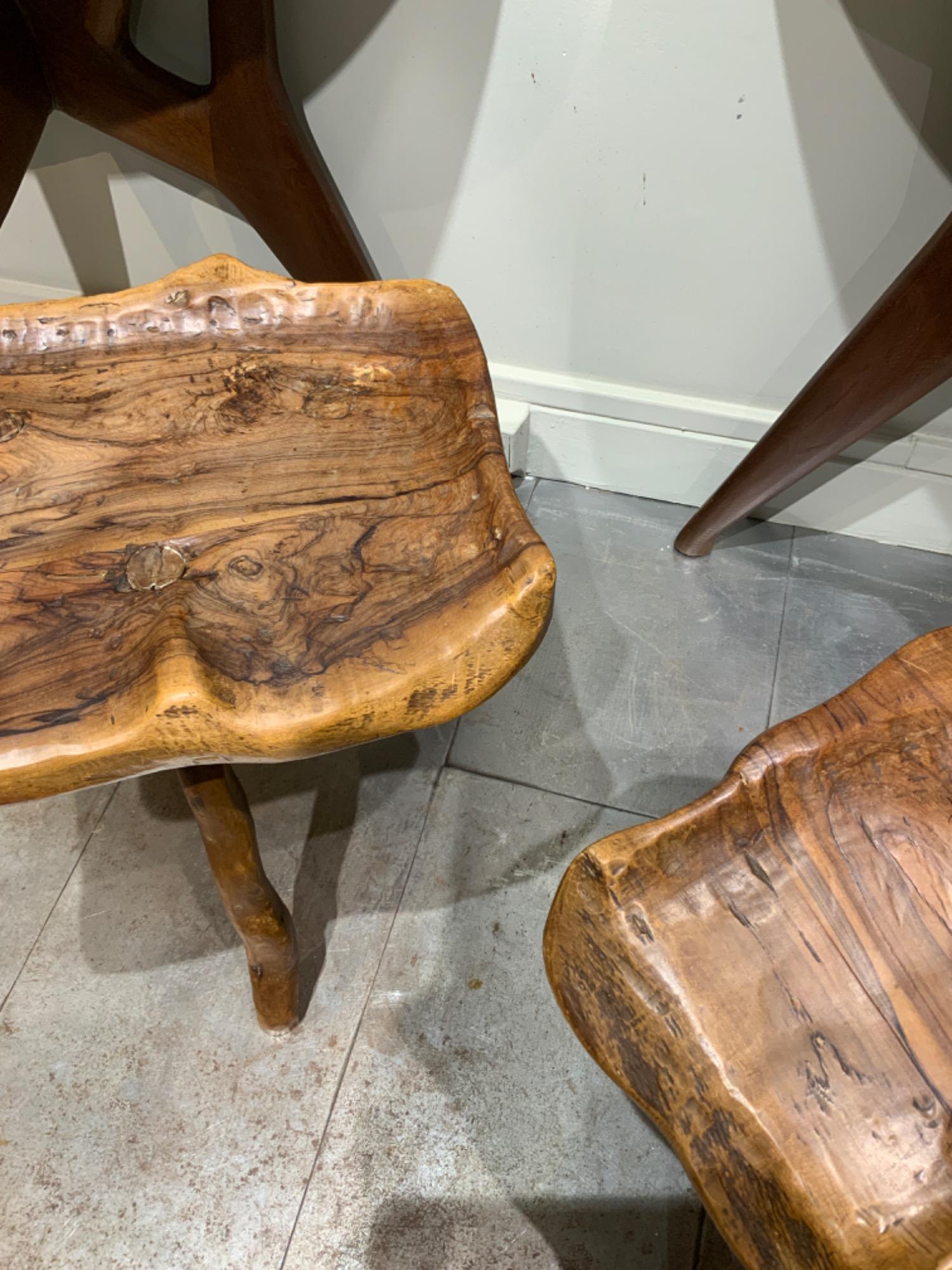 Pair of hand carved stools olive wood circa 1970