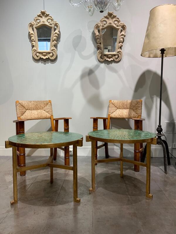 Pair of italians tables circa 1980 ceramic and gold leaf 