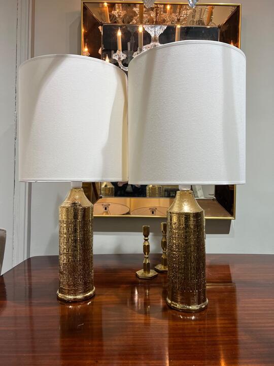 Pair of gold enameled ceramic lamps Bitossi circa 1970 