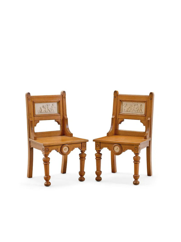 Pair of oak and ceramic chairs C Spicciani circa 1915