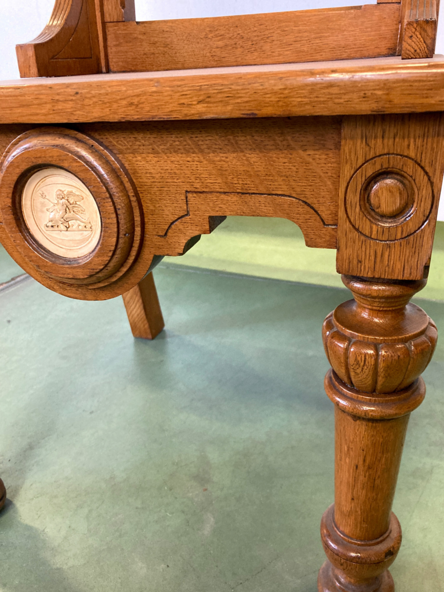 Pair of oak and ceramic chairs C Spicciani circa 1915