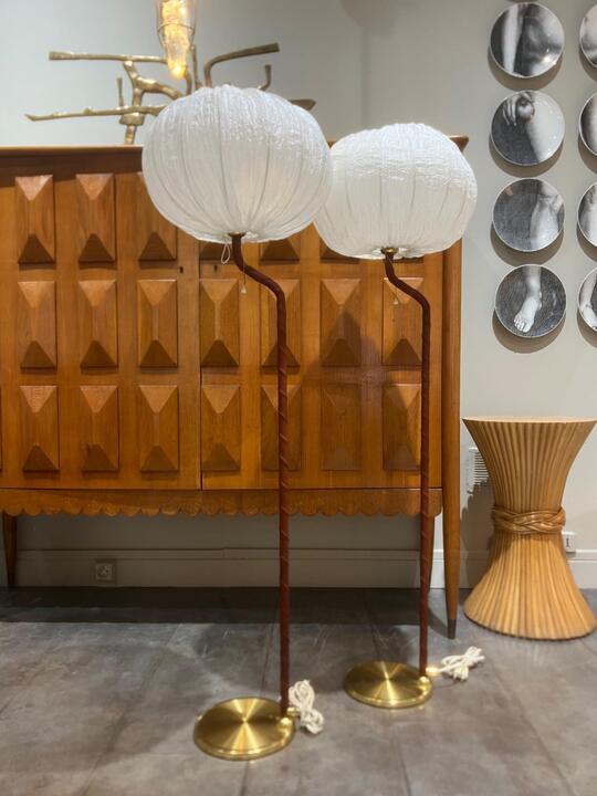 Pair of Swedish brass and leather floor lamps by Oia circa 1970